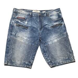Akademiks Jeanius Blue Light Washed Acid Moto Biker Denim Jean Shorts Size 38